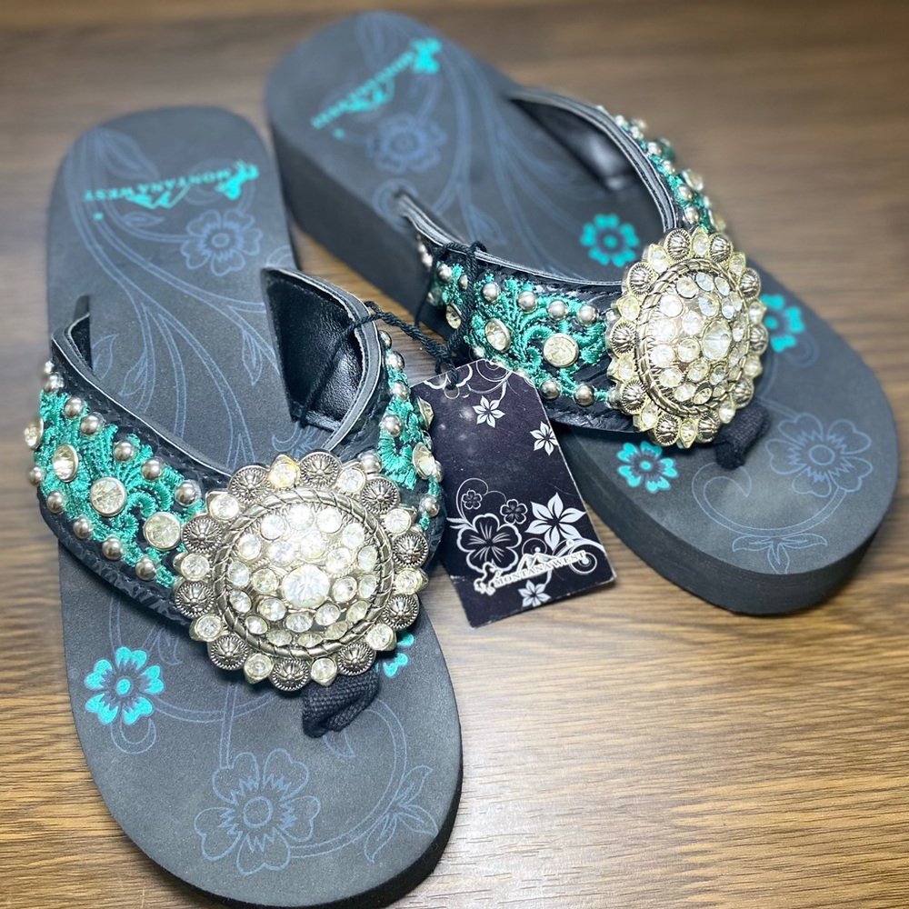Montana West Black and Teal Embellished Sandals